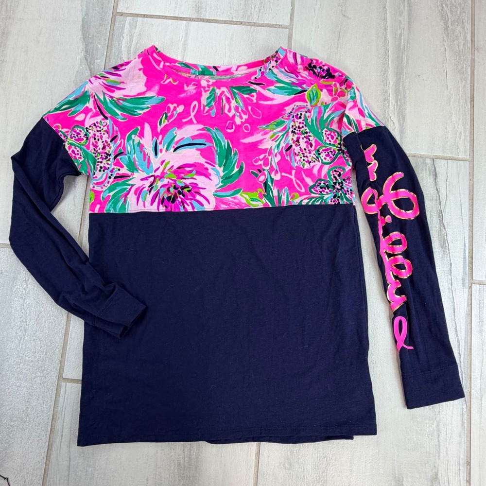 Lilly Pulitzer Etta Long Sleeve Top Navy Pink Floral Colorblock XXS